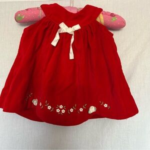 Vintage Red Velvet Dress White Rose Embroidered Ribbon Bow 6-9M Cotton Button